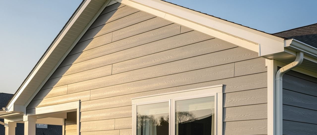 Contractor installing fiber cement siding on a two-story home