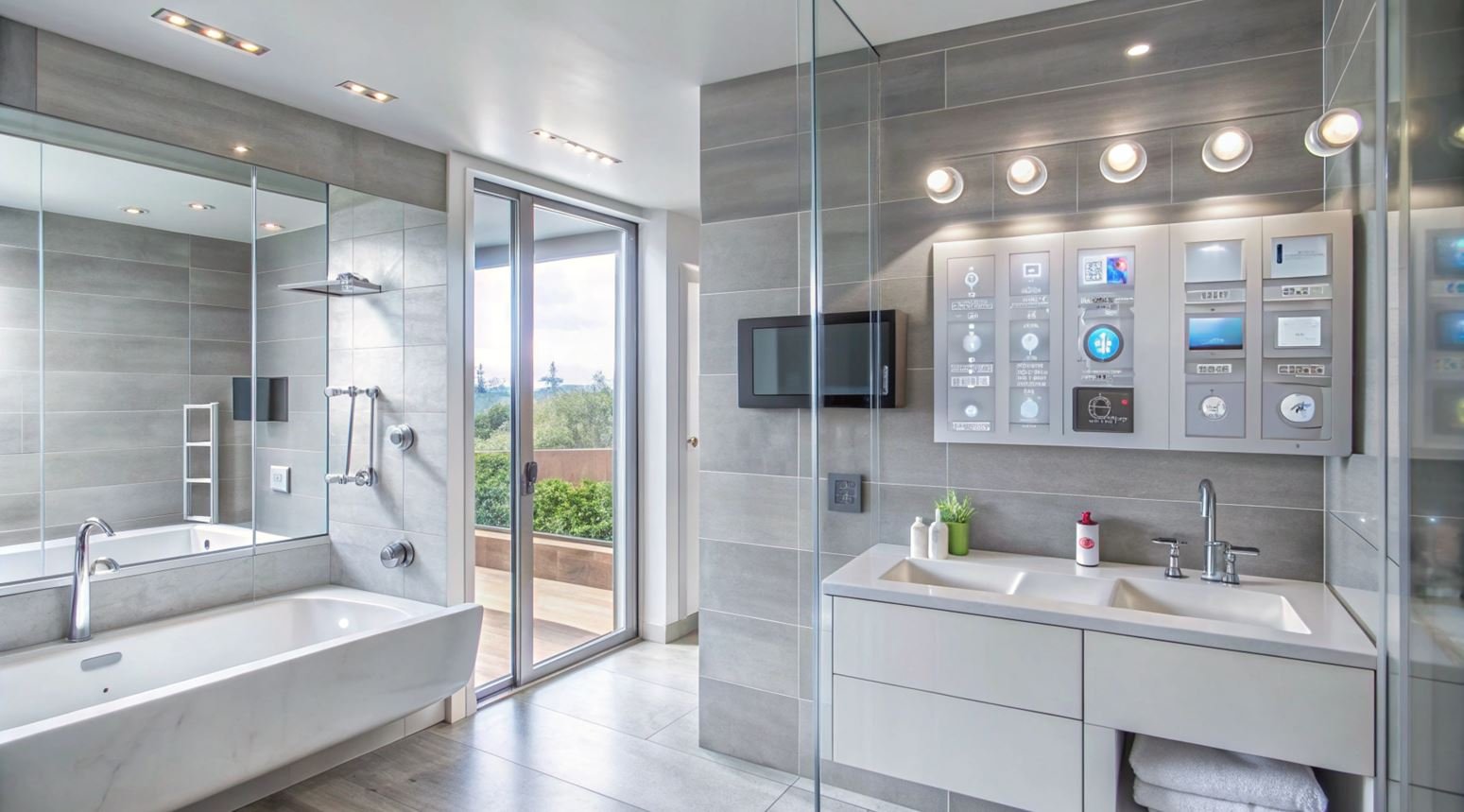Bathroom remodel cost estimator showing a completed mid-range bathroom renovation with walk-in shower, new vanity, and tile flooring